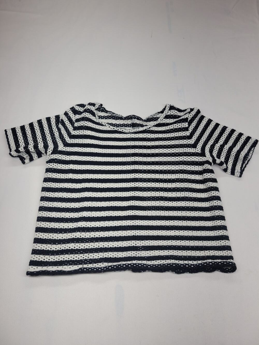 Whetherly Ladies Large Black & White Striped See Through Short Sleeve Blouse